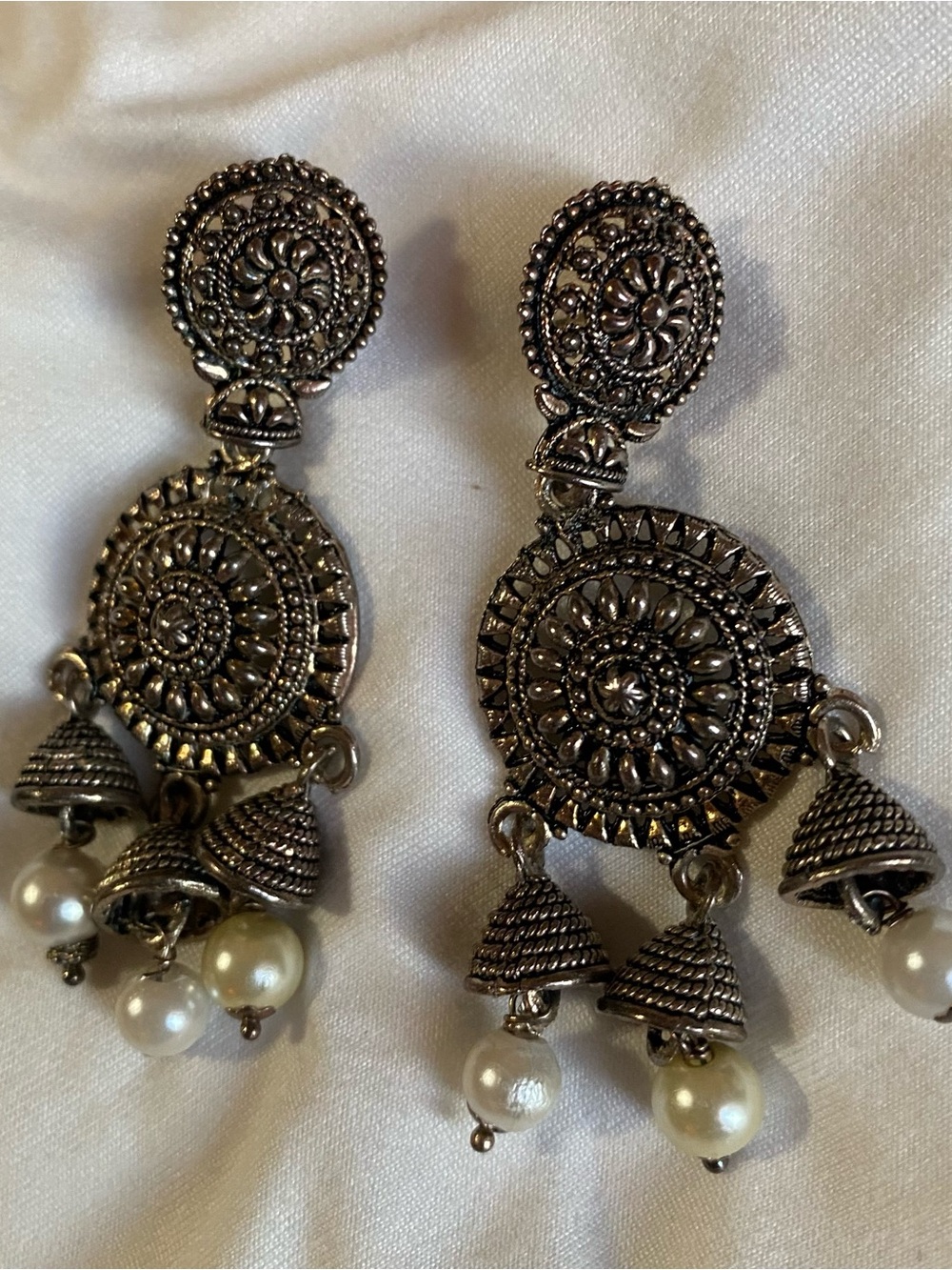 Silver-Tone Filigree Dangle Earrings with Pearl Drops